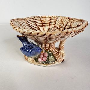 Norleans Ceramic Woven Miniature Bird Bath Basket with Blue Bird Made in Japan